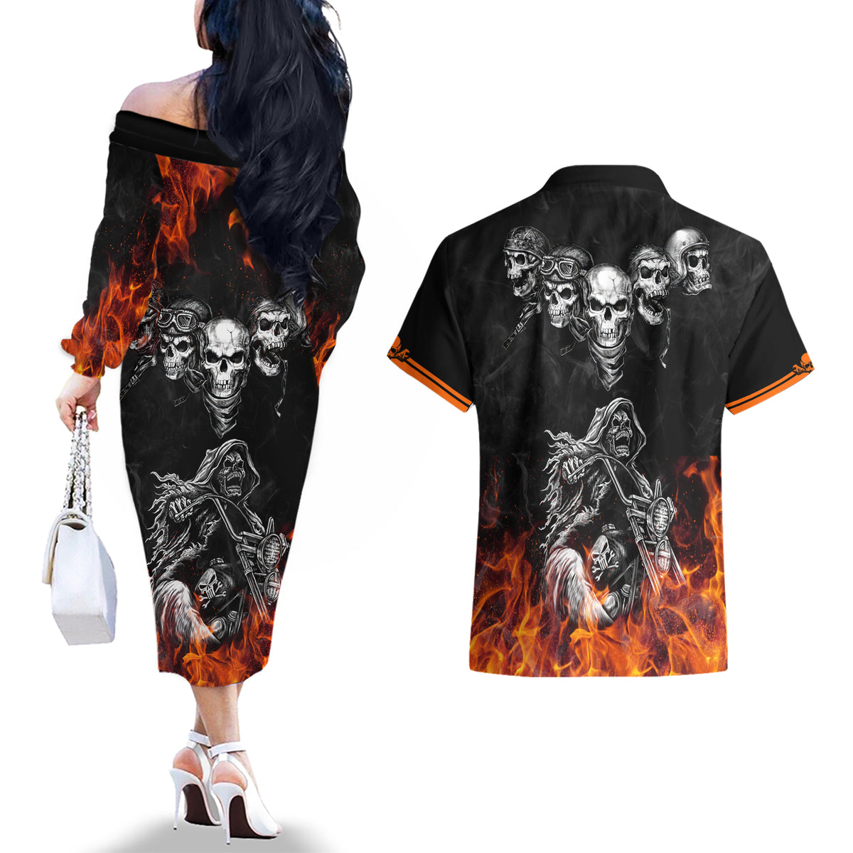 Skull Couples Matching Off The Shoulder Long Sleeve Dress and Hawaiian Shirt Five Skull With Motocycle - Wonder Print Shop