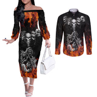 Skull Couples Matching Off The Shoulder Long Sleeve Dress and Long Sleeve Button Shirts Five Skull With Motocycle DT01