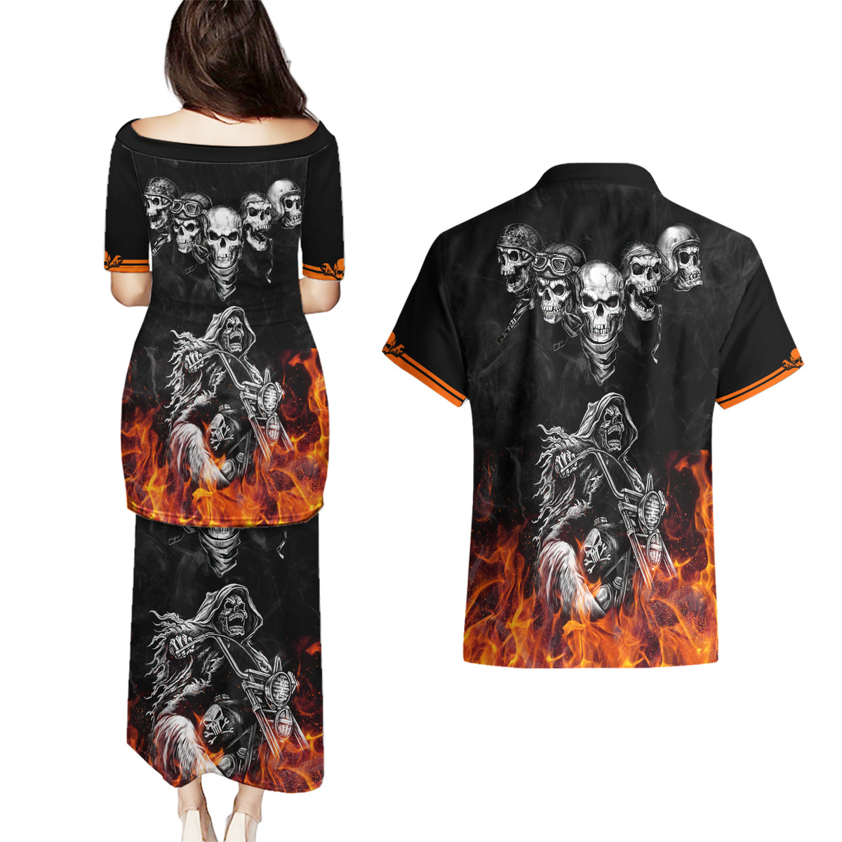 Skull Couples Matching Puletasi Dress and Hawaiian Shirt Five Skull With Motocycle - Wonder Print Shop