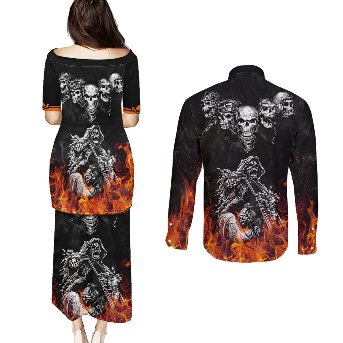 Skull Couples Matching Puletasi Dress and Long Sleeve Button Shirts Five Skull With Motocycle - Wonder Print Shop