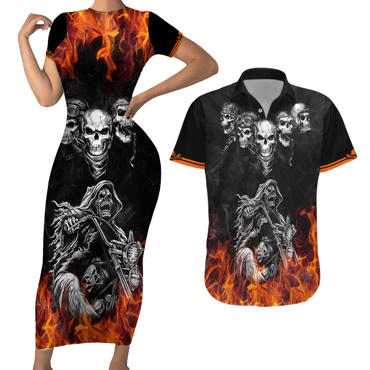 Skull Couples Matching Short Sleeve Bodycon Dress and Hawaiian Shirt Five Skull With Motocycle - Wonder Print Shop