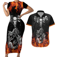 Skull Couples Matching Short Sleeve Bodycon Dress and Hawaiian Shirt Five Skull With Motocycle - Wonder Print Shop