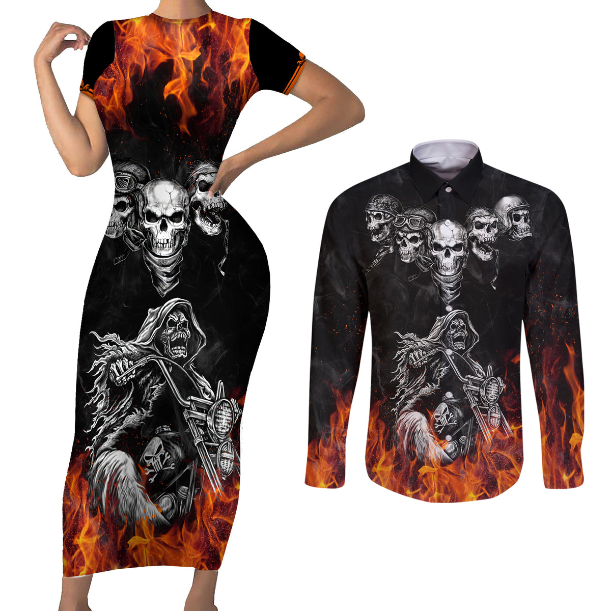 Skull Couples Matching Short Sleeve Bodycon Dress and Long Sleeve Button Shirts Five Skull With Motocycle - Wonder Print Shop