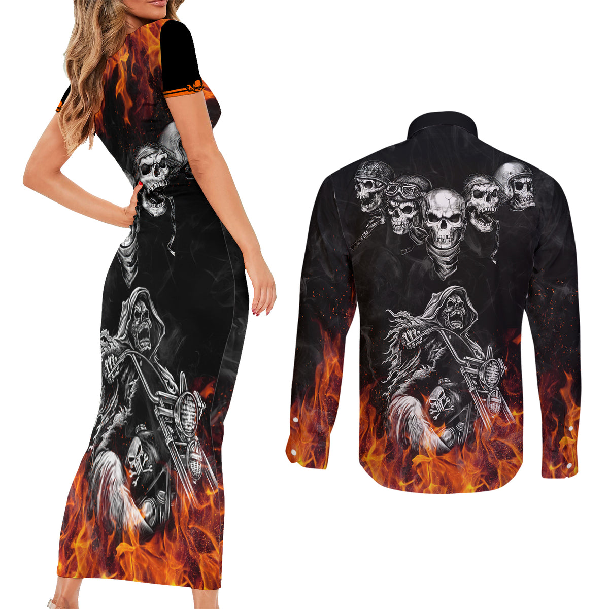 Skull Couples Matching Short Sleeve Bodycon Dress and Long Sleeve Button Shirts Five Skull With Motocycle - Wonder Print Shop