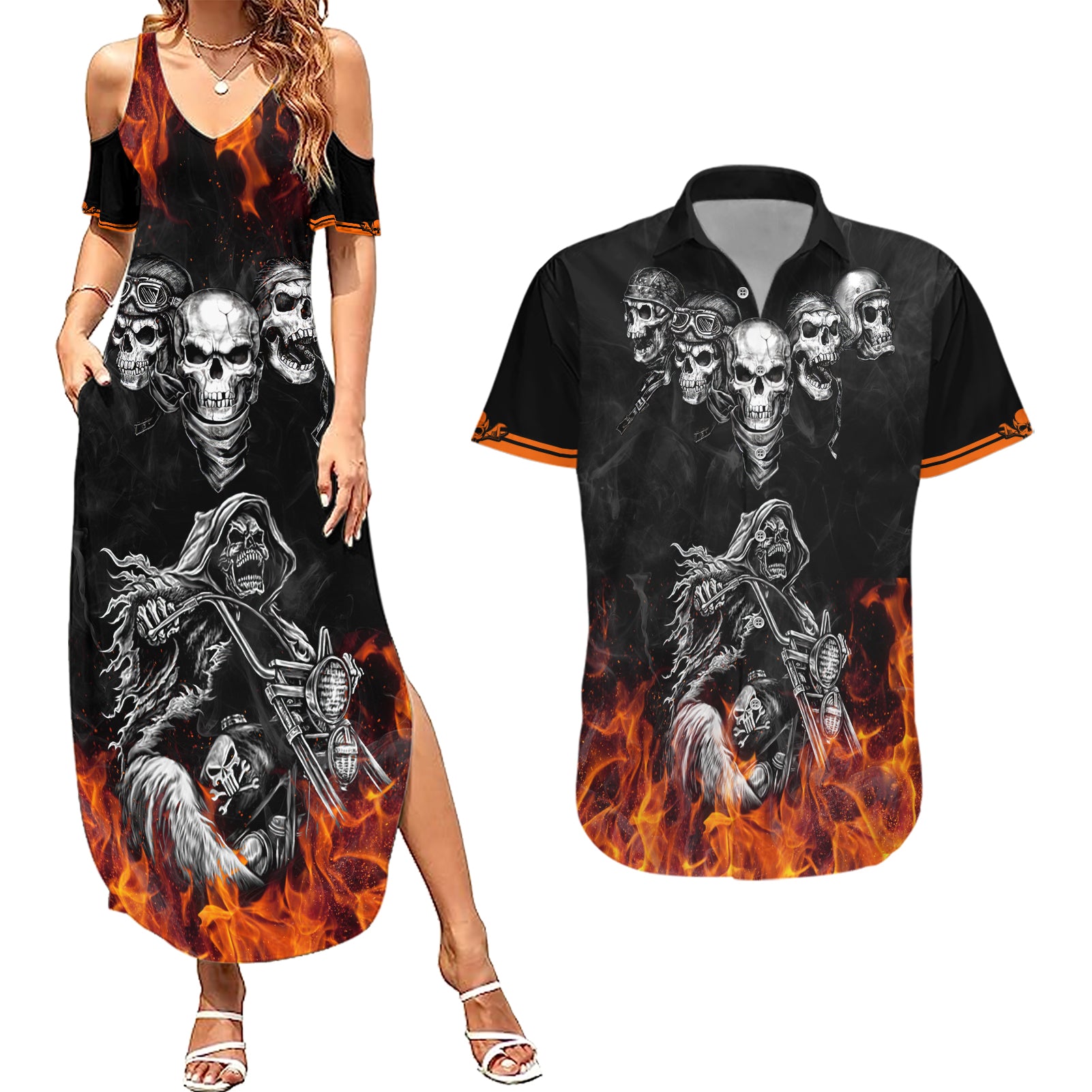 Skull Couples Matching Summer Maxi Dress and Hawaiian Shirt Five Skull With Motocycle - Wonder Print Shop