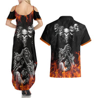 Skull Couples Matching Summer Maxi Dress and Hawaiian Shirt Five Skull With Motocycle - Wonder Print Shop