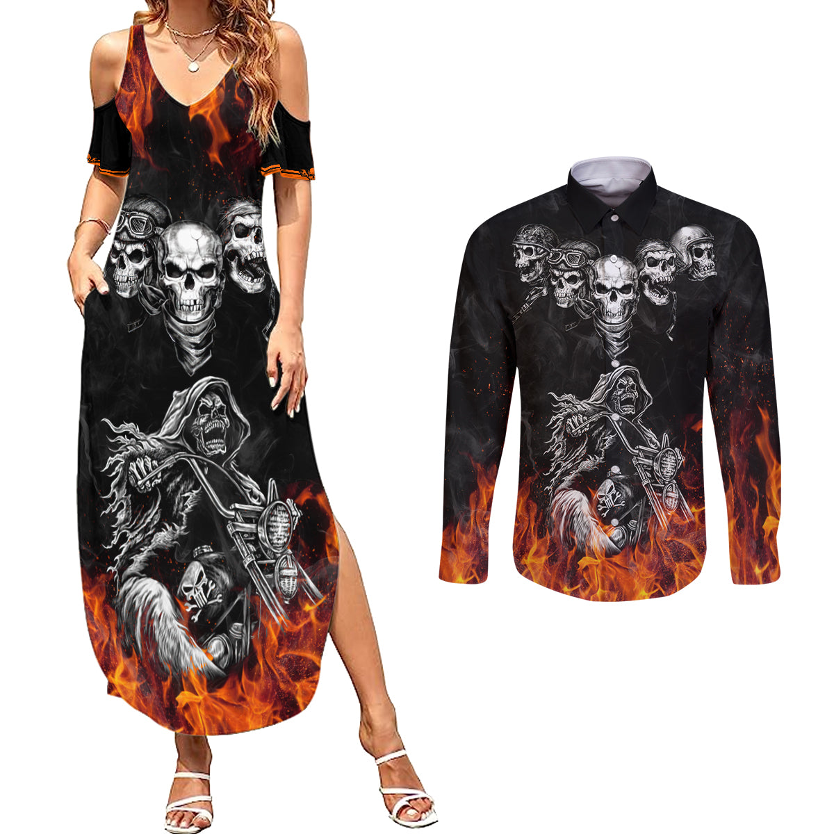 Skull Couples Matching Summer Maxi Dress and Long Sleeve Button Shirts Five Skull With Motocycle - Wonder Print Shop