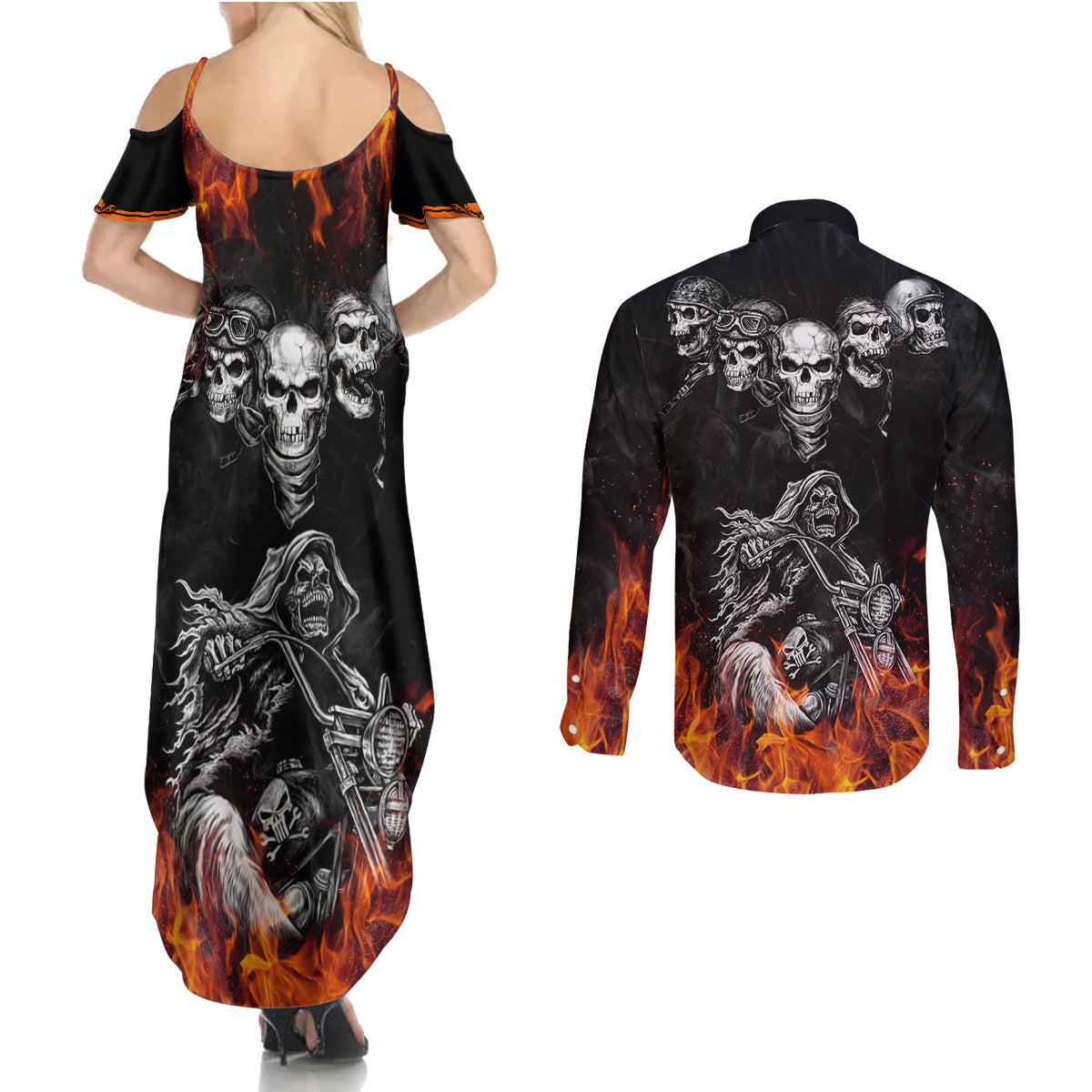Skull Couples Matching Summer Maxi Dress and Long Sleeve Button Shirts Five Skull With Motocycle - Wonder Print Shop