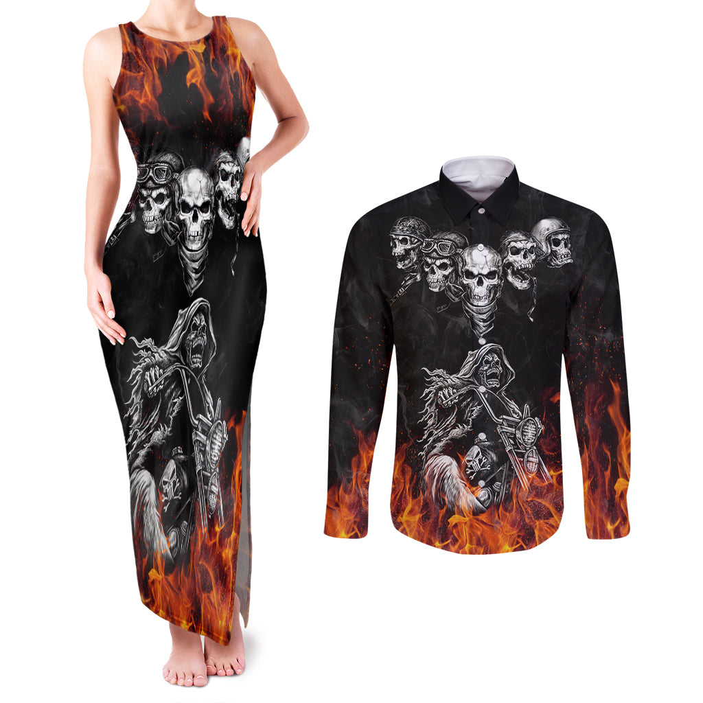 Skull Couples Matching Tank Maxi Dress and Long Sleeve Button Shirts Five Skull With Motocycle - Wonder Print Shop