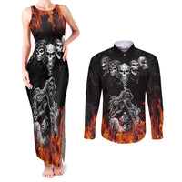 Skull Couples Matching Tank Maxi Dress and Long Sleeve Button Shirts Five Skull With Motocycle - Wonder Print Shop