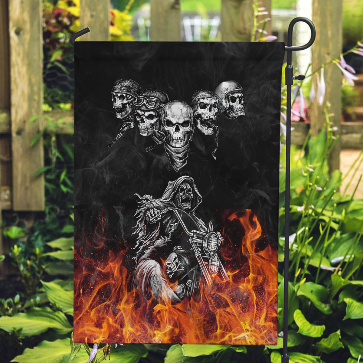 Skull Garden Flag Five Skull With Motocycle - Wonder Print Shop