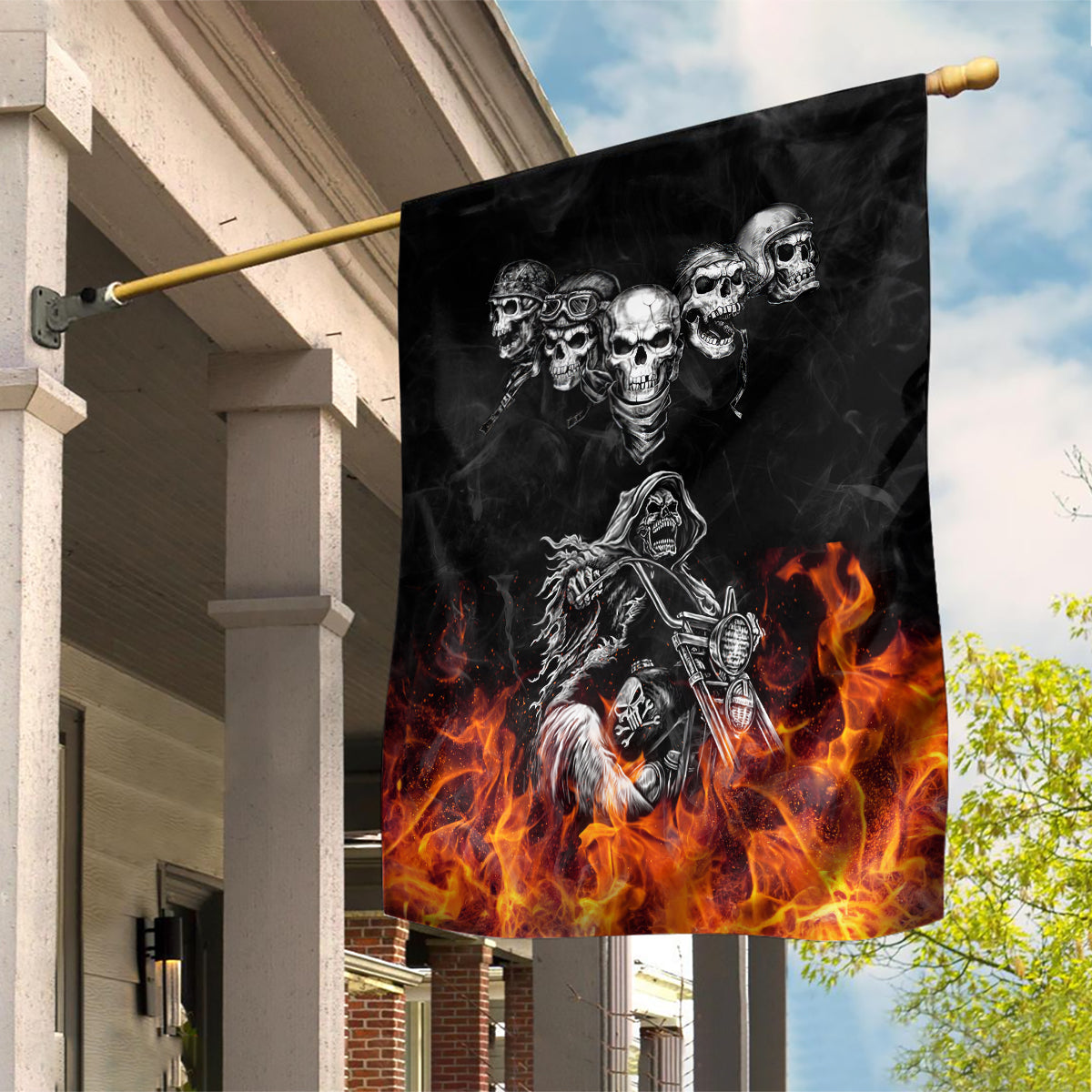 Skull Garden Flag Five Skull With Motocycle - Wonder Print Shop