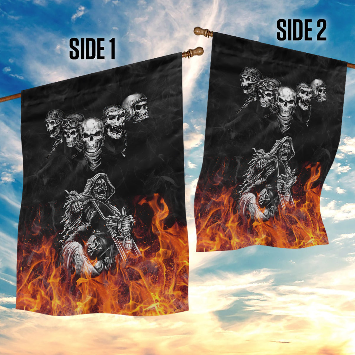Skull Garden Flag Five Skull With Motocycle - Wonder Print Shop