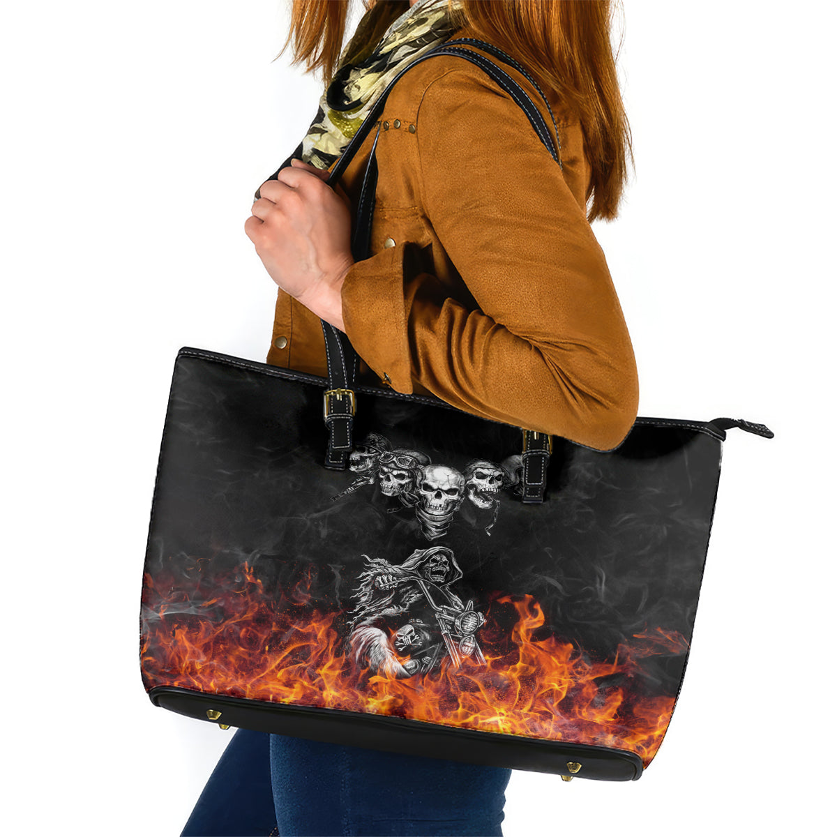 Skull Leather Tote Bag Five Skull With Motocycle - Wonder Print Shop