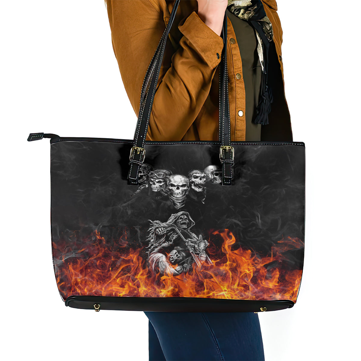 Skull Leather Tote Bag Five Skull With Motocycle - Wonder Print Shop