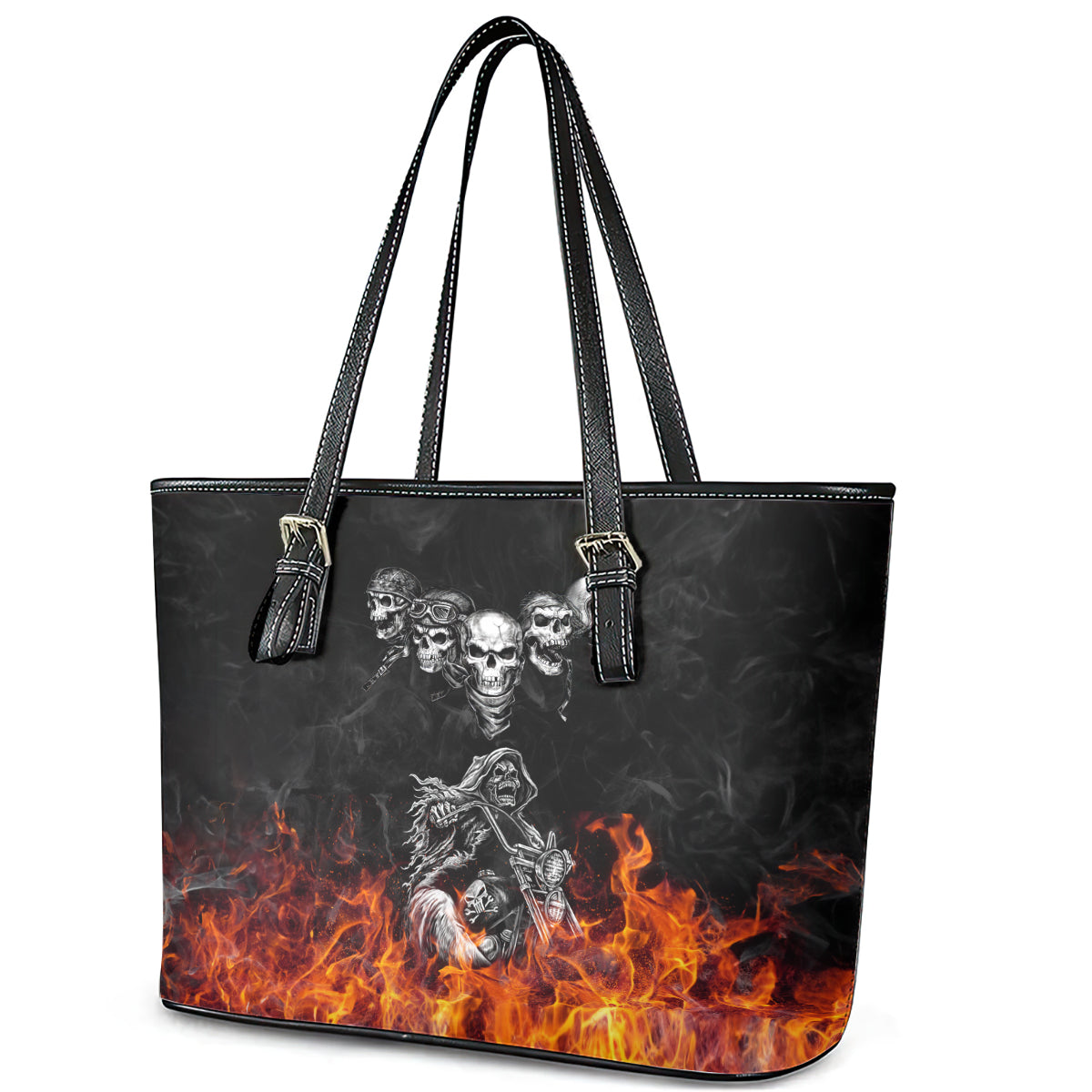 Skull Leather Tote Bag Five Skull With Motocycle - Wonder Print Shop