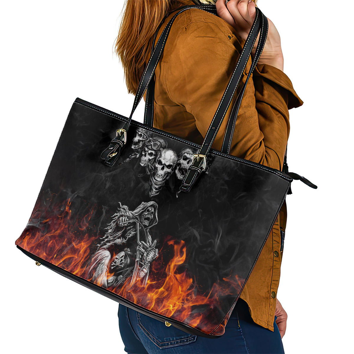Skull Leather Tote Bag Five Skull With Motocycle - Wonder Print Shop