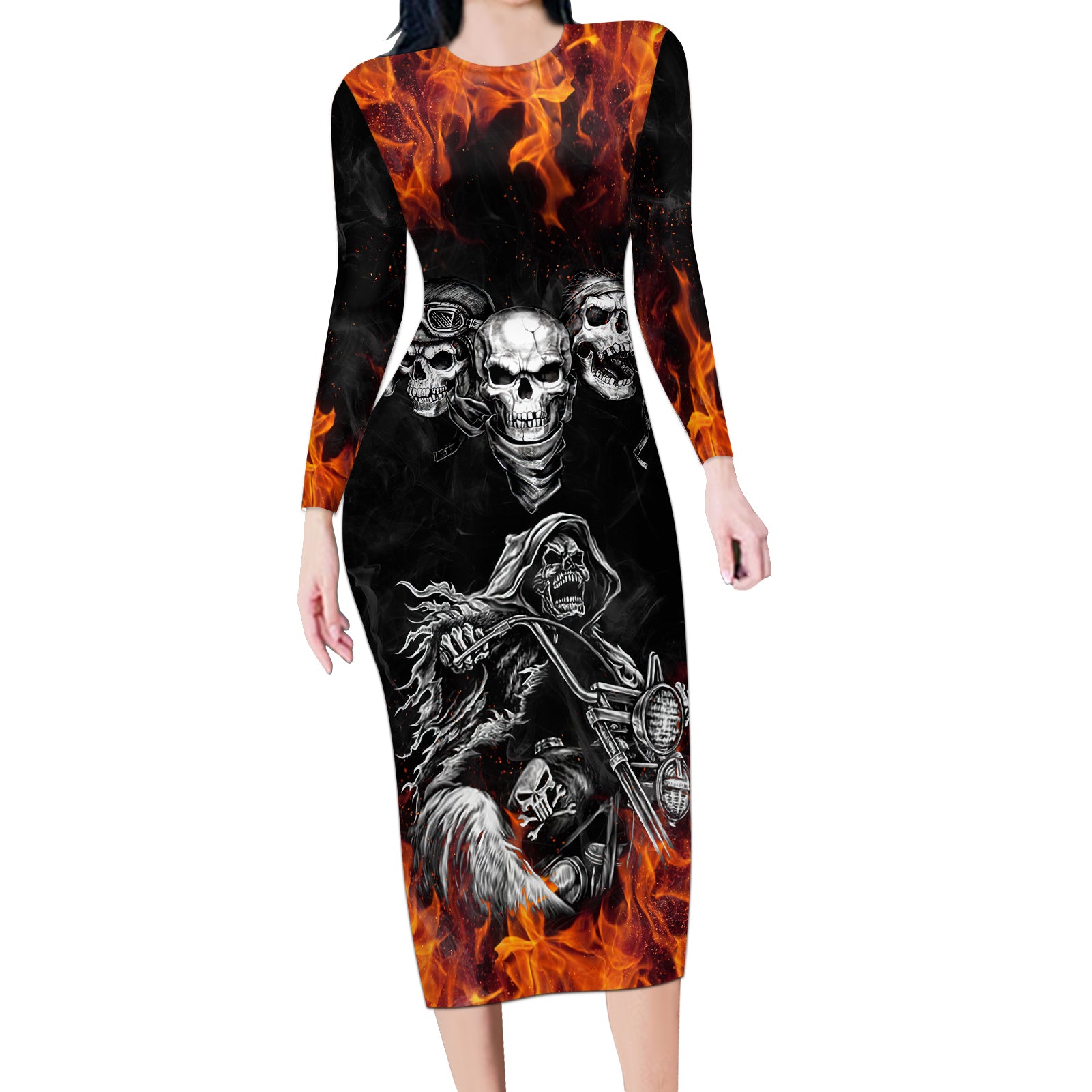 Skull Long Sleeve Bodycon Dress Five Skull With Motocycle - Wonder Print Shop