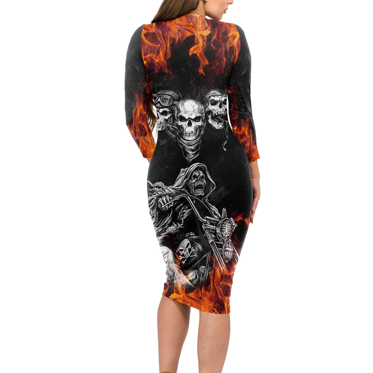 Skull Long Sleeve Bodycon Dress Five Skull With Motocycle - Wonder Print Shop