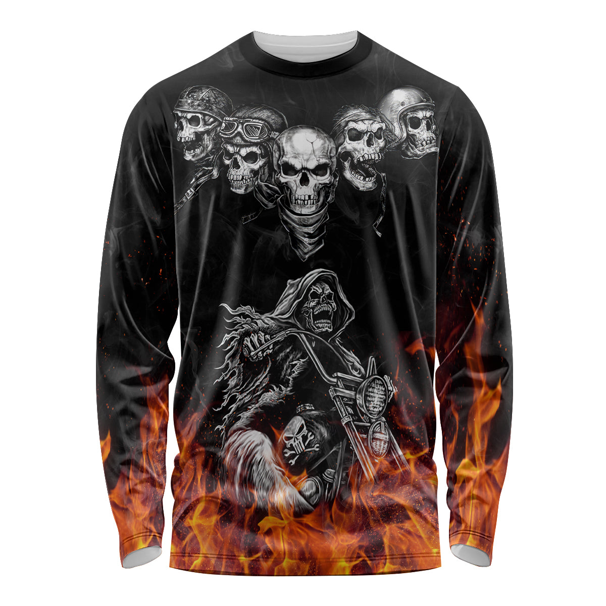 Skull Long Sleeve Shirt Five Skull With Motocycle - Wonder Print Shop