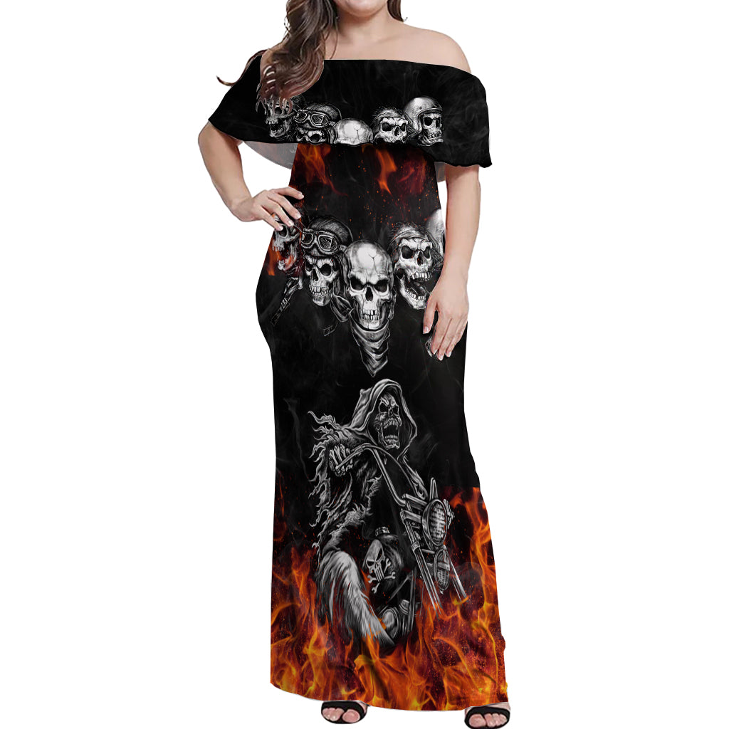 Skull Off Shoulder Maxi Dress Five Skull With Motocycle - Wonder Print Shop