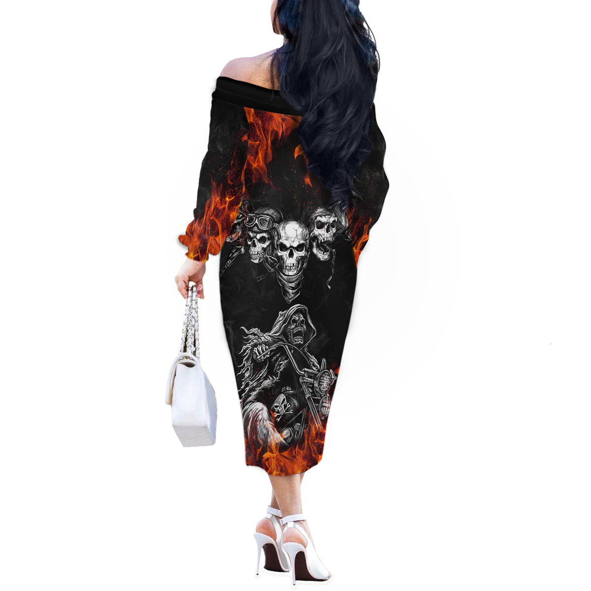 Skull Off The Shoulder Long Sleeve Dress Five Skull With Motocycle - Wonder Print Shop
