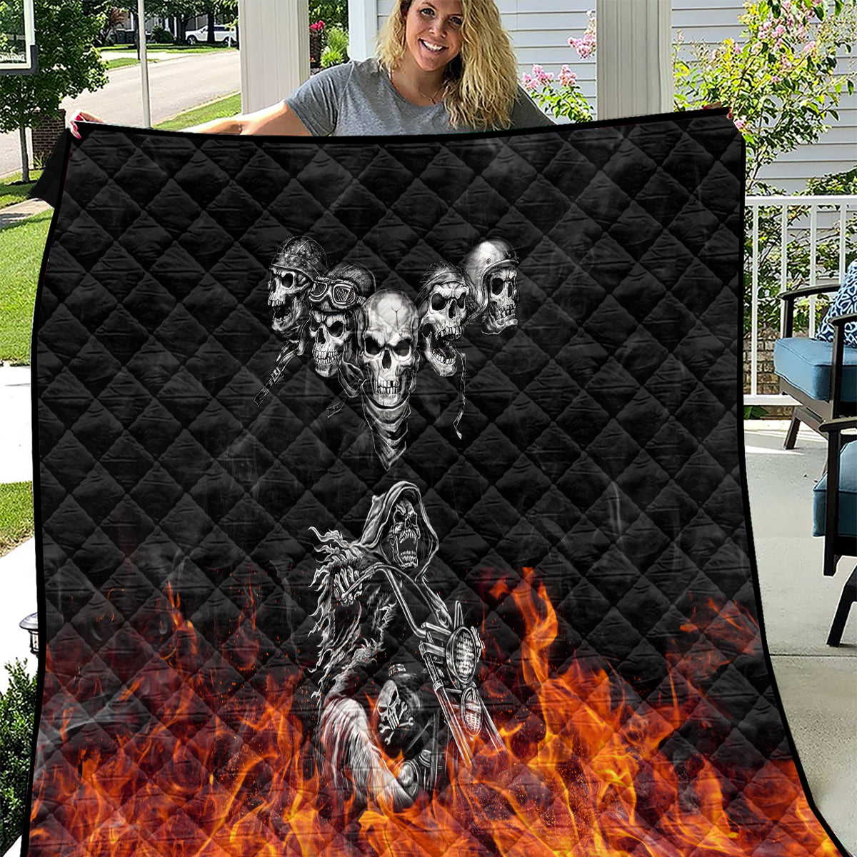 Skull Quilt Five Skull With Motocycle - Wonder Print Shop