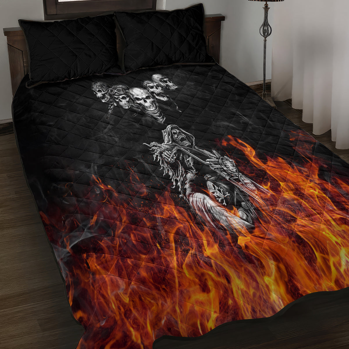 Skull Quilt Bed Set Five Skull With Motocycle - Wonder Print Shop
