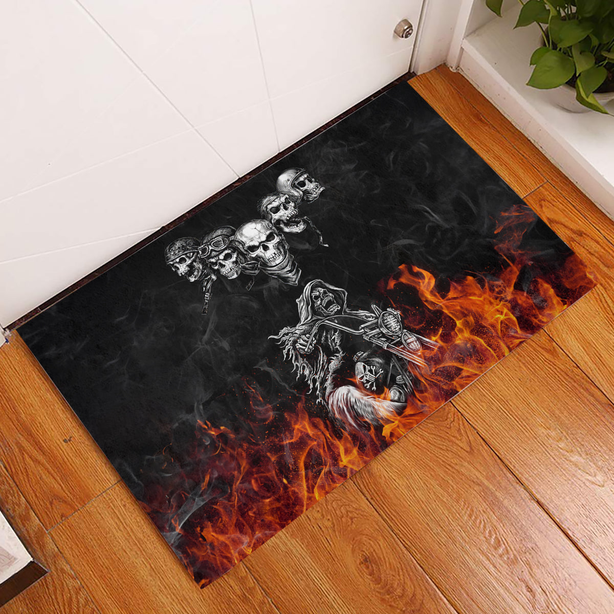 Skull Rubber Doormat Five Skull With Motocycle - Wonder Print Shop