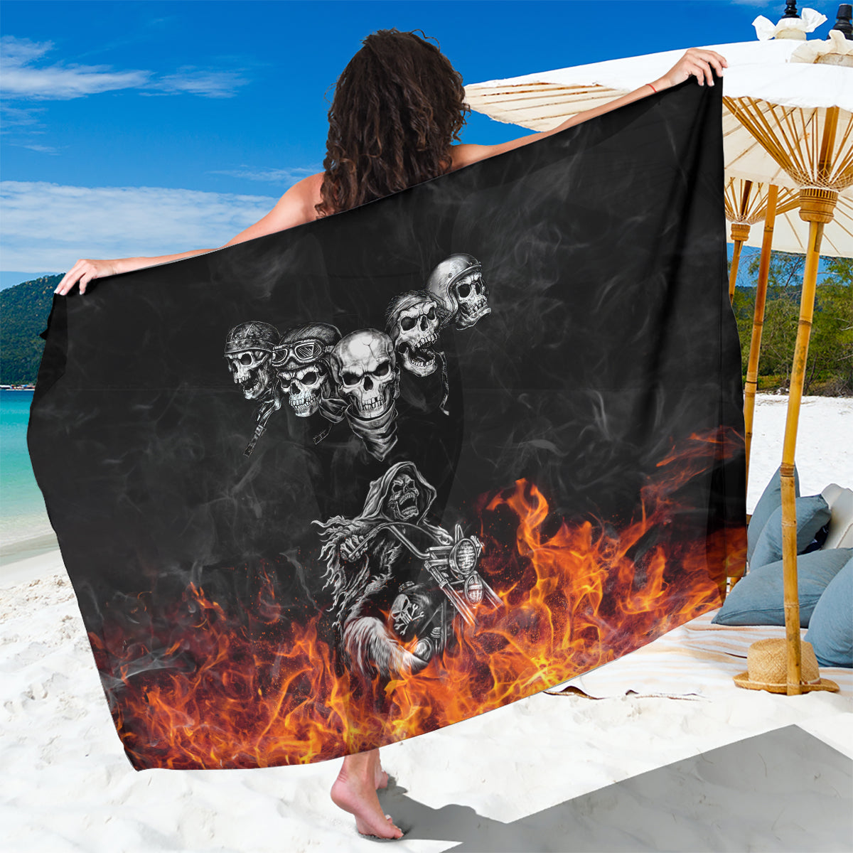 Skull Sarong Five Skull With Motocycle - Wonder Print Shop
