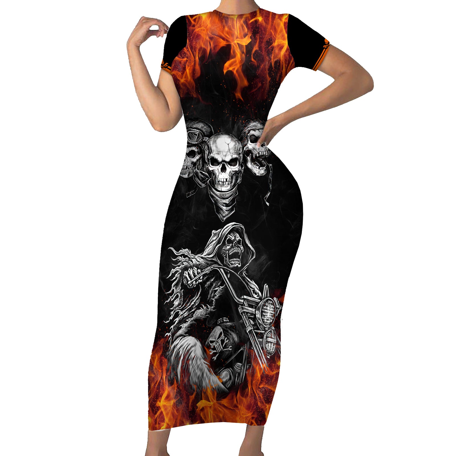 Skull Short Sleeve Bodycon Dress Five Skull With Motocycle - Wonder Print Shop
