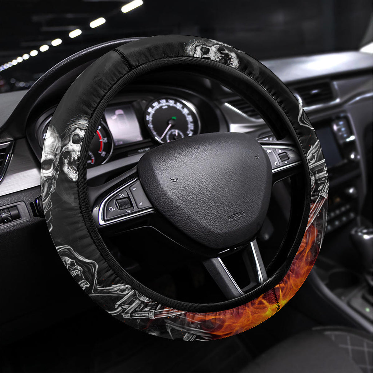 Skull Steering Wheel Cover Five Skull With Motocycle - Wonder Print Shop