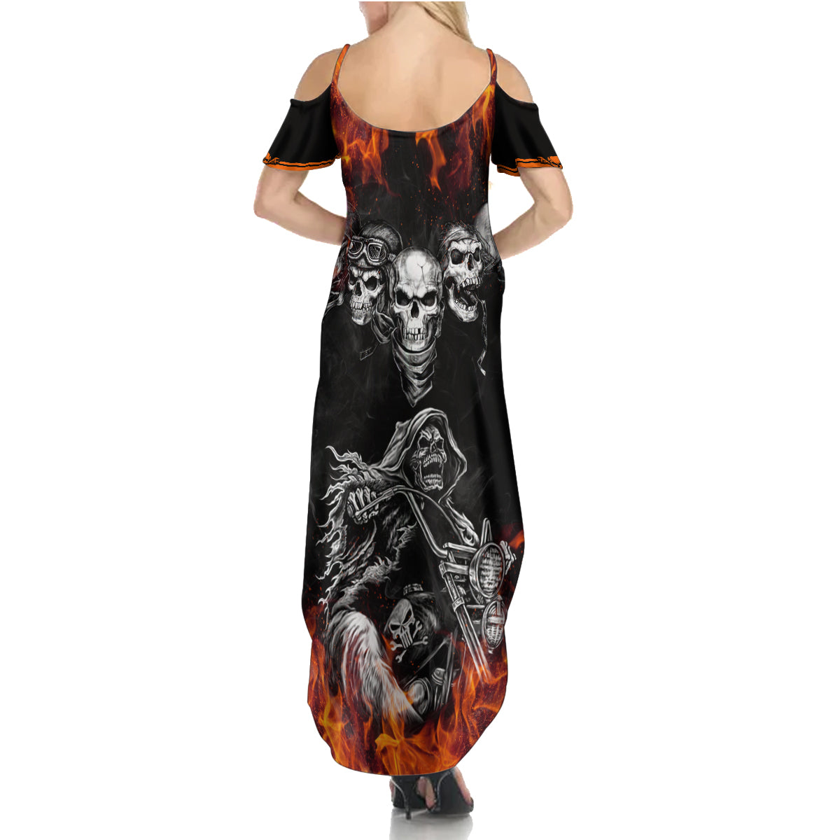 Skull Summer Maxi Dress Five Skull With Motocycle - Wonder Print Shop