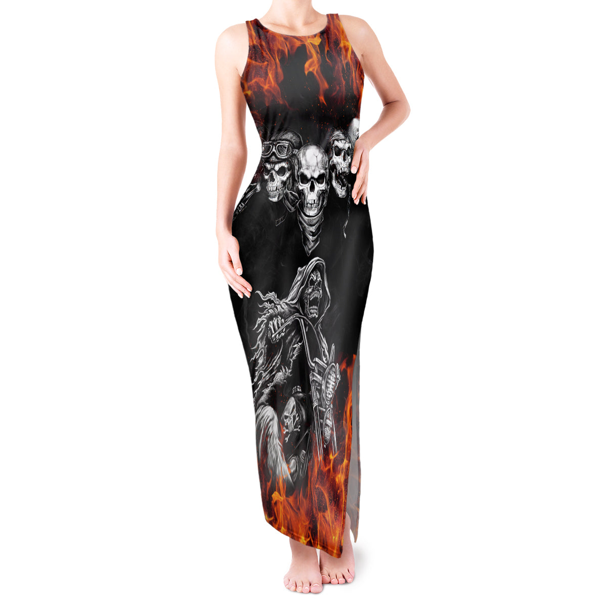 Skull Tank Maxi Dress Five Skull With Motocycle - Wonder Print Shop