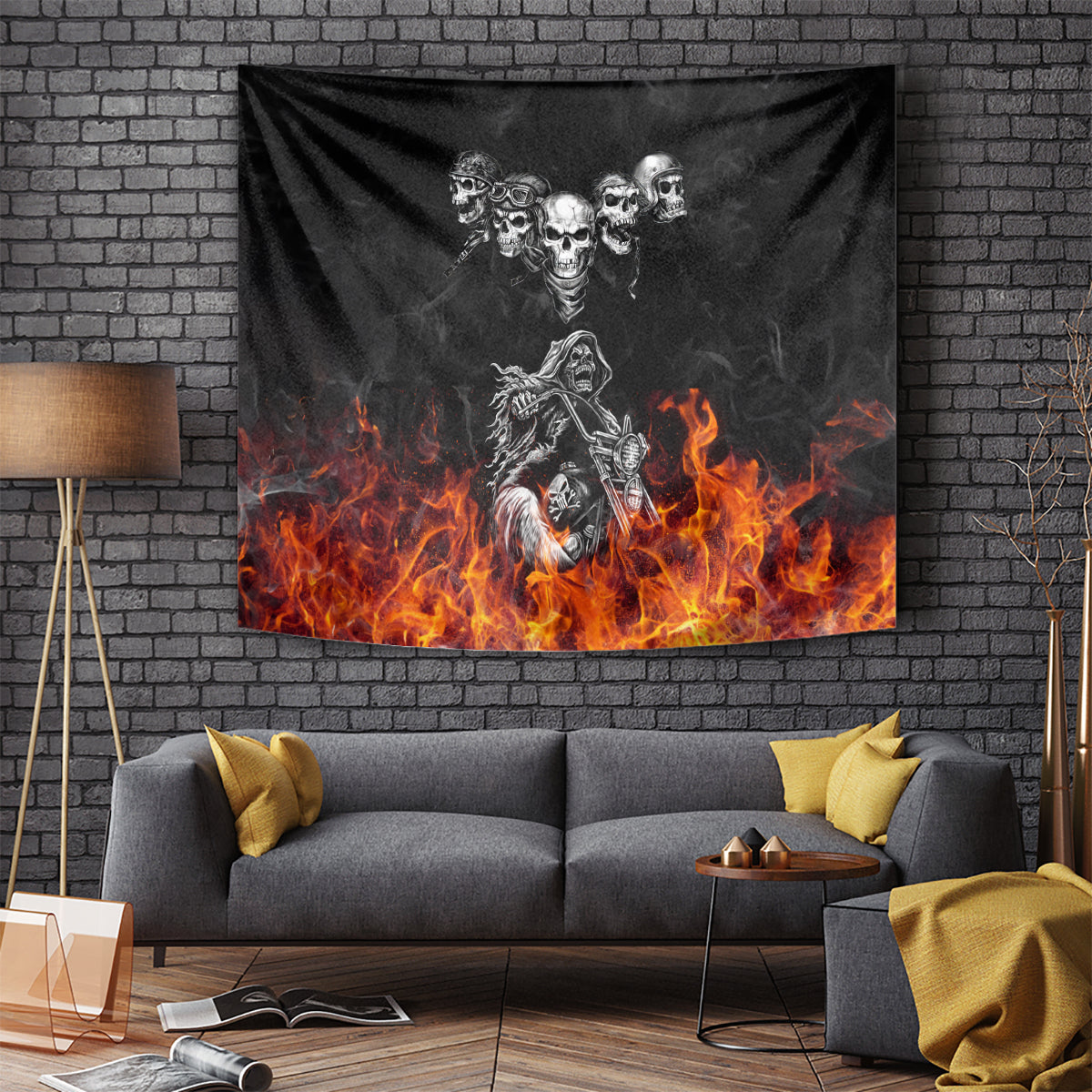 Skull Tapestry Five Skull With Motocycle - Wonder Print Shop