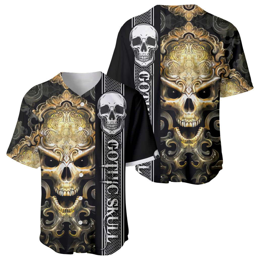 Golden Gothic Skull Baseball Jersey Embracing Ancient Elegance - Wonder Print Shop