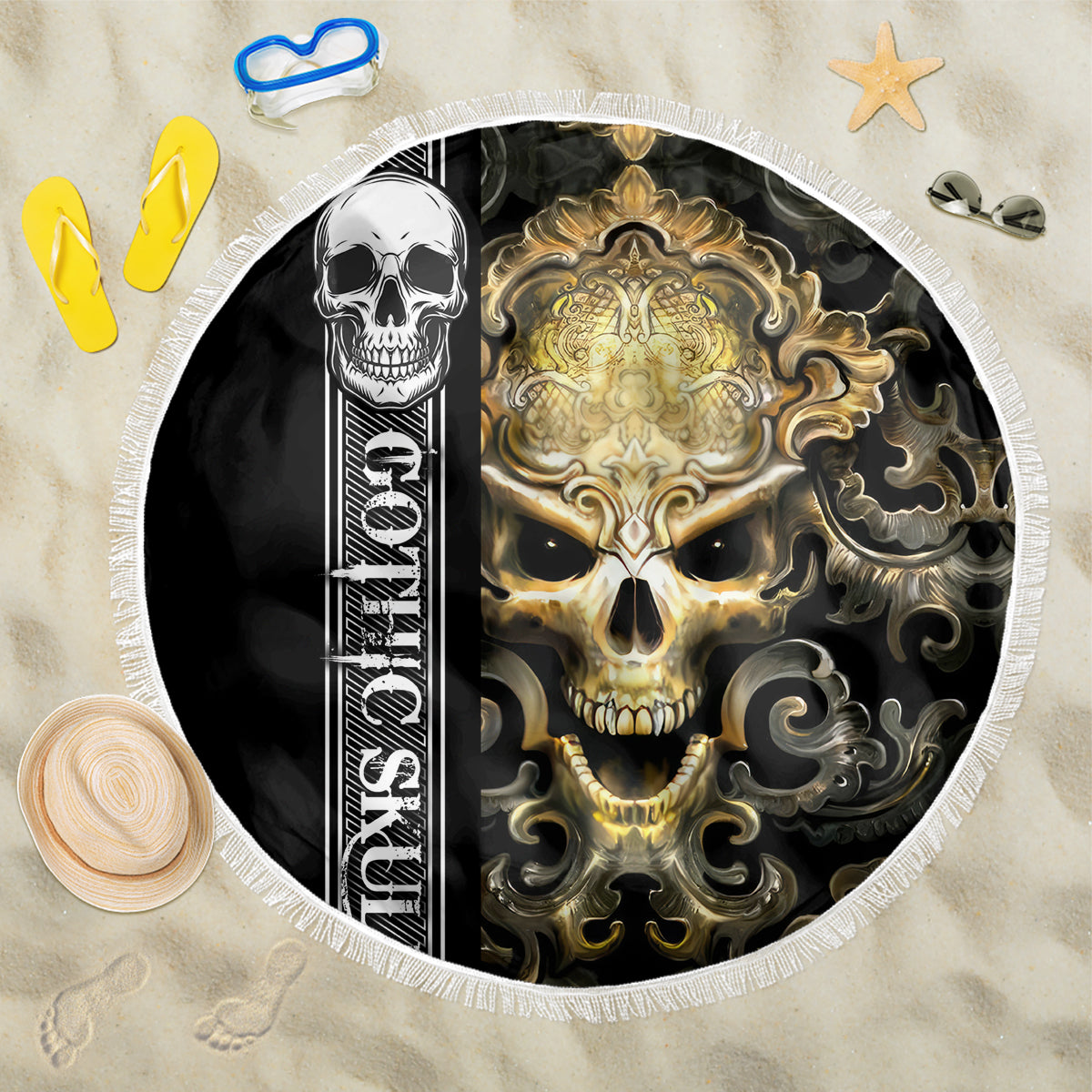 Golden Gothic Skull Beach Blanket Embracing Ancient Elegance - Wonder Print Shop