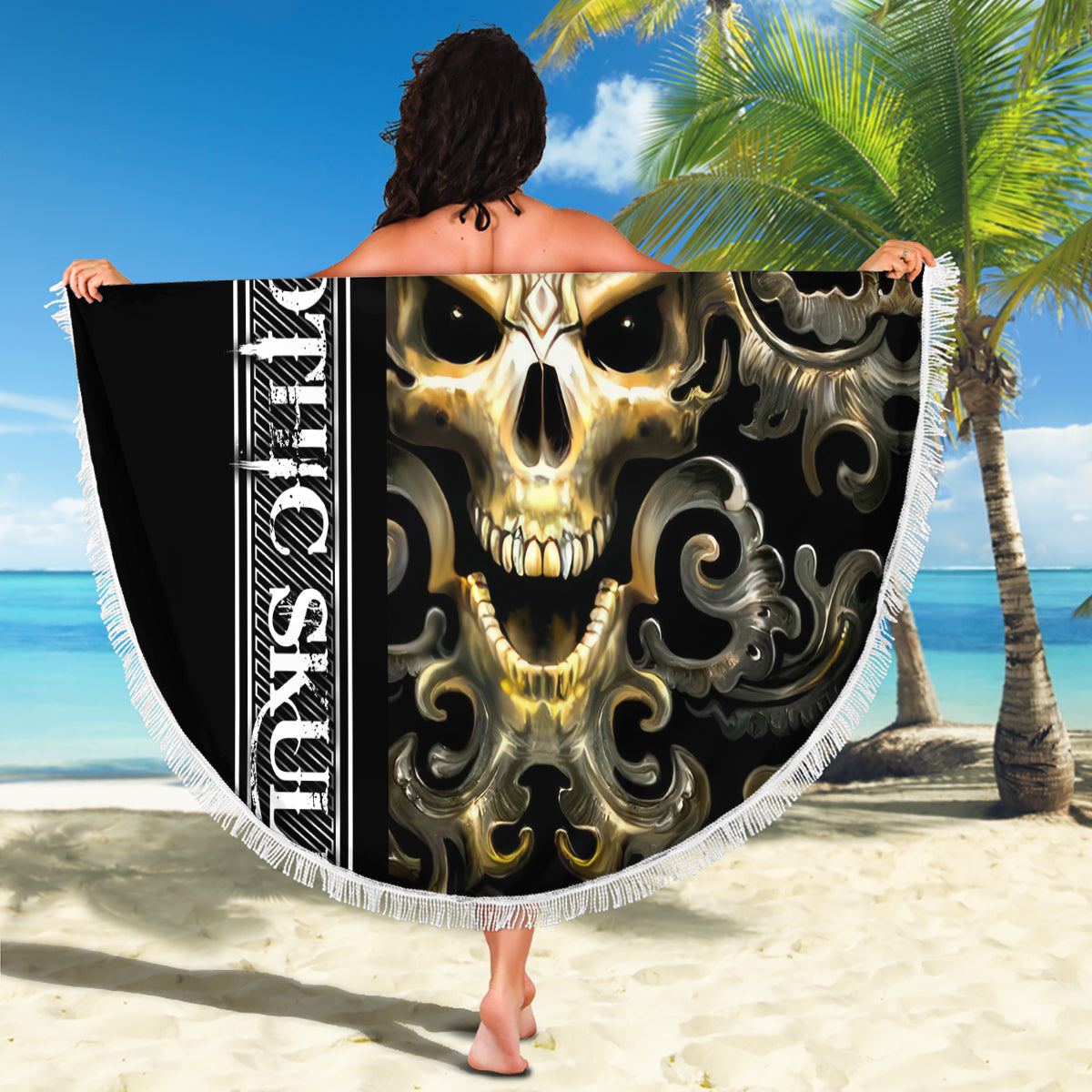 Golden Gothic Skull Beach Blanket Embracing Ancient Elegance - Wonder Print Shop