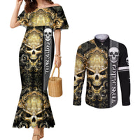 Golden Gothic Skull Couples Matching Mermaid Dress and Long Sleeve Button Shirts Embracing Ancient Elegance DT01