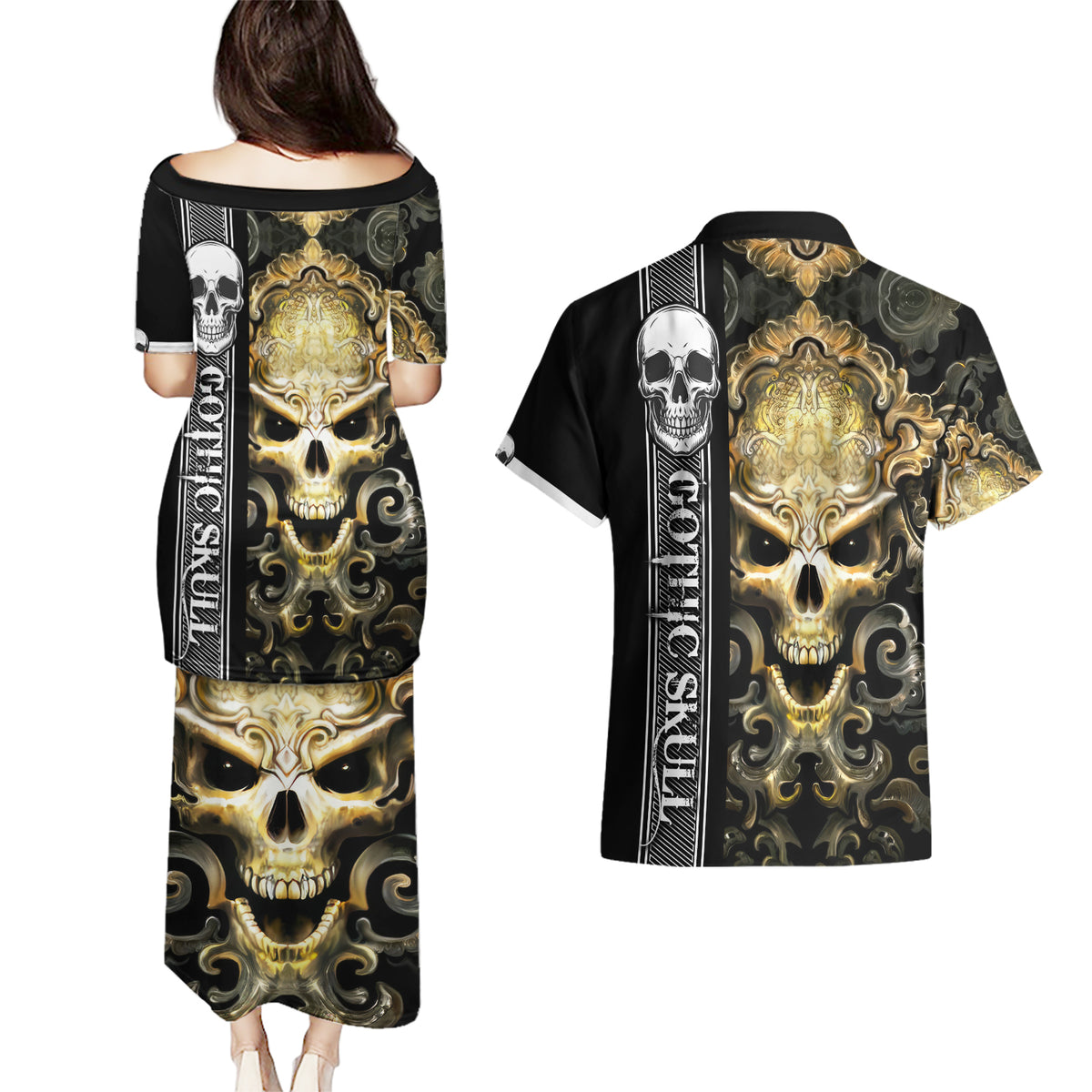 Golden Gothic Skull Couples Matching Puletasi Dress and Hawaiian Shirt Embracing Ancient Elegance - Wonder Print Shop