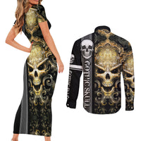 Golden Gothic Skull Couples Matching Short Sleeve Bodycon Dress and Long Sleeve Button Shirts Embracing Ancient Elegance - Wonder Print Shop