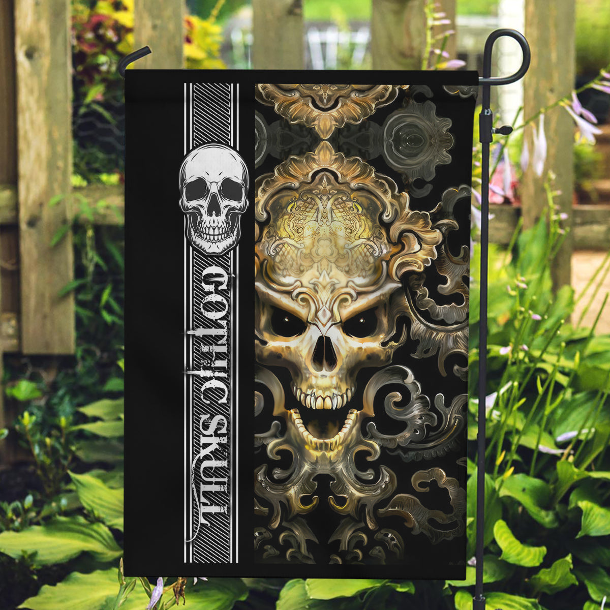 Golden Gothic Skull Garden Flag Embracing Ancient Elegance - Wonder Print Shop
