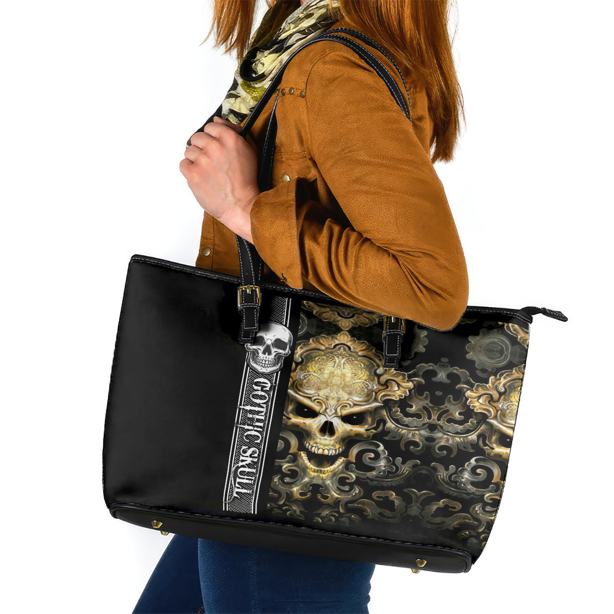 Golden Gothic Skull Leather Tote Bag Embracing Ancient Elegance - Wonder Print Shop