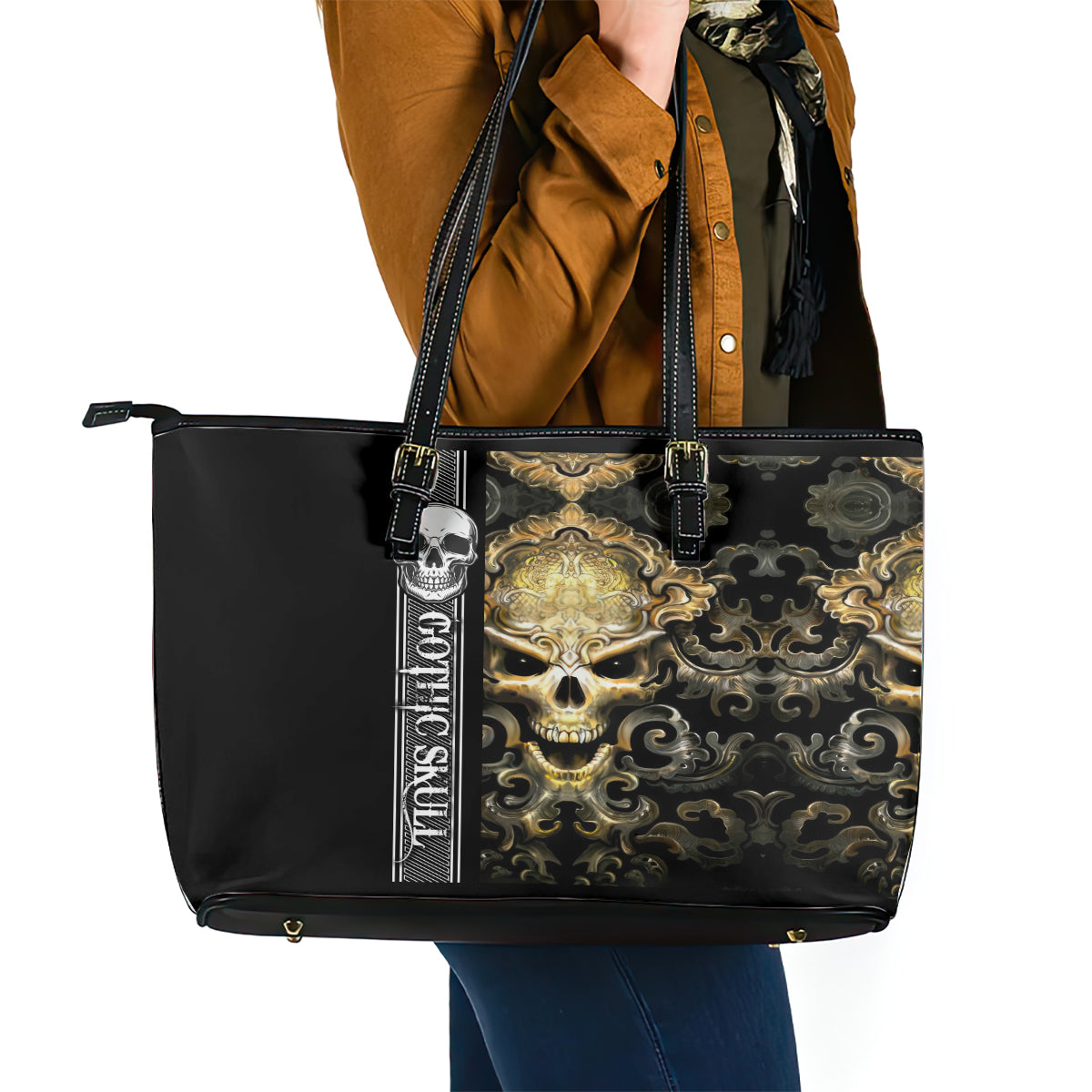 Golden Gothic Skull Leather Tote Bag Embracing Ancient Elegance - Wonder Print Shop
