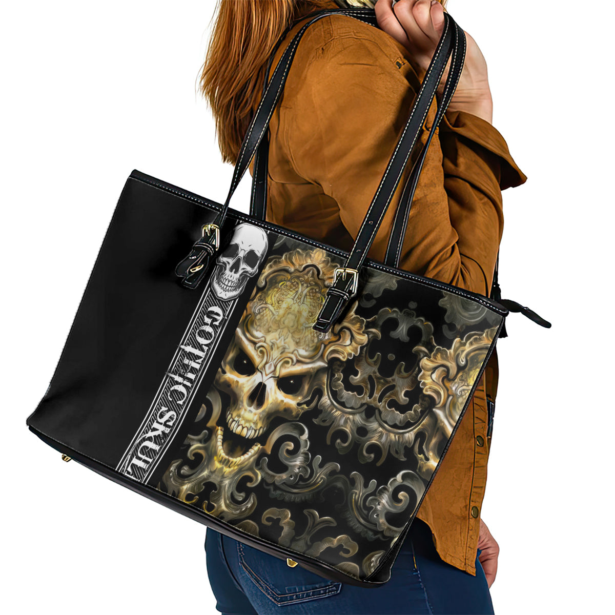 Golden Gothic Skull Leather Tote Bag Embracing Ancient Elegance - Wonder Print Shop