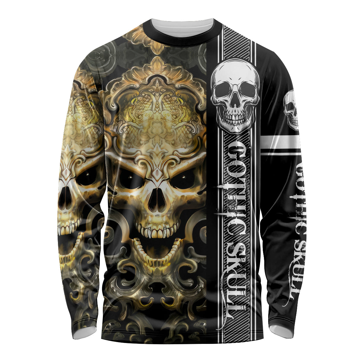 Golden Gothic Skull Long Sleeve Shirt Embracing Ancient Elegance - Wonder Print Shop