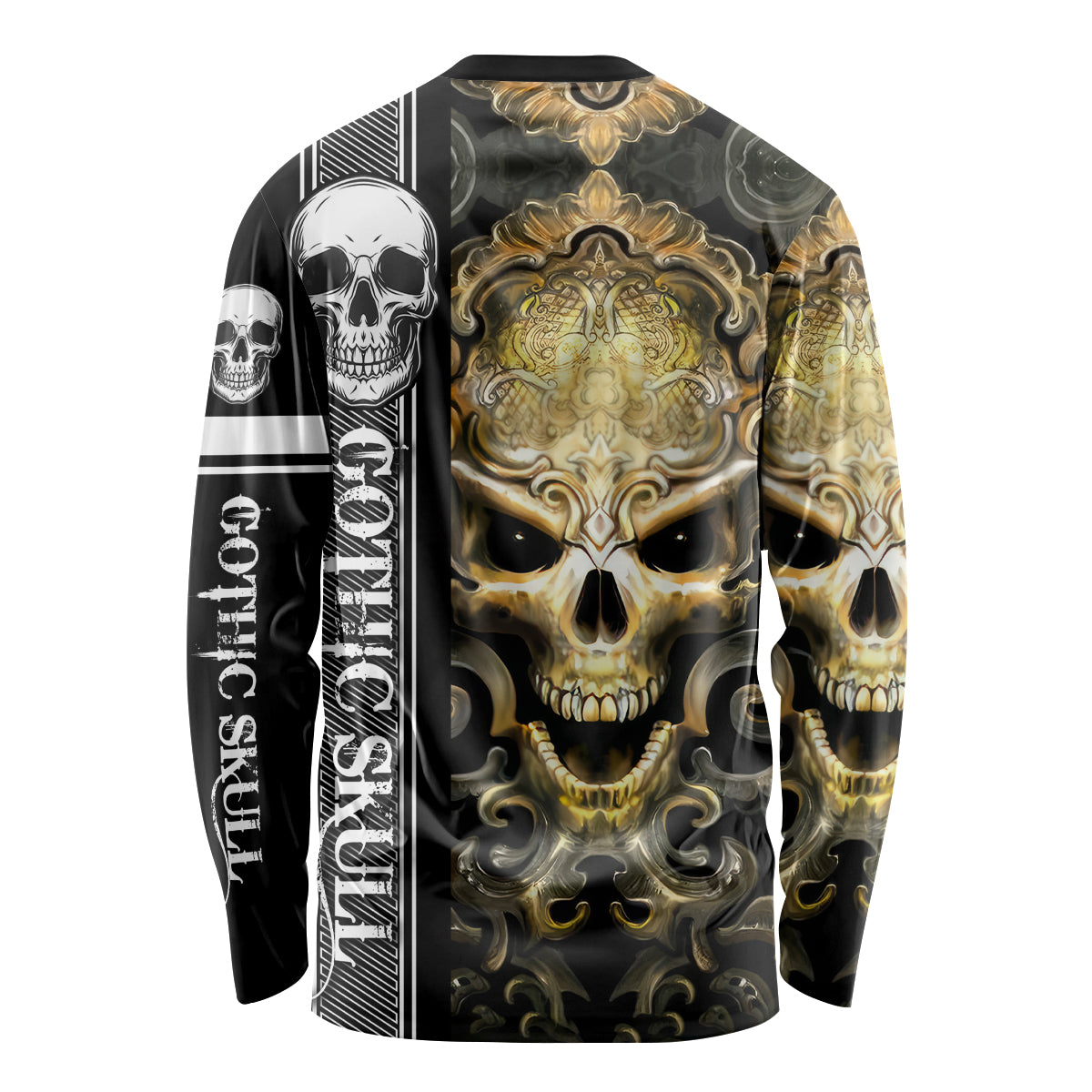 Golden Gothic Skull Long Sleeve Shirt Embracing Ancient Elegance - Wonder Print Shop