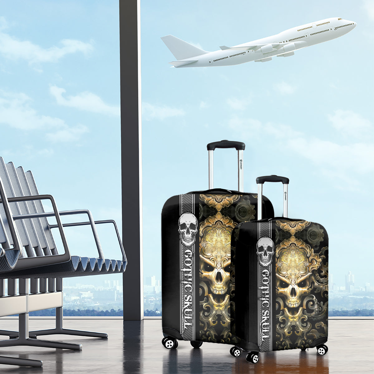 Golden Gothic Skull Luggage Cover Embracing Ancient Elegance - Wonder Print Shop