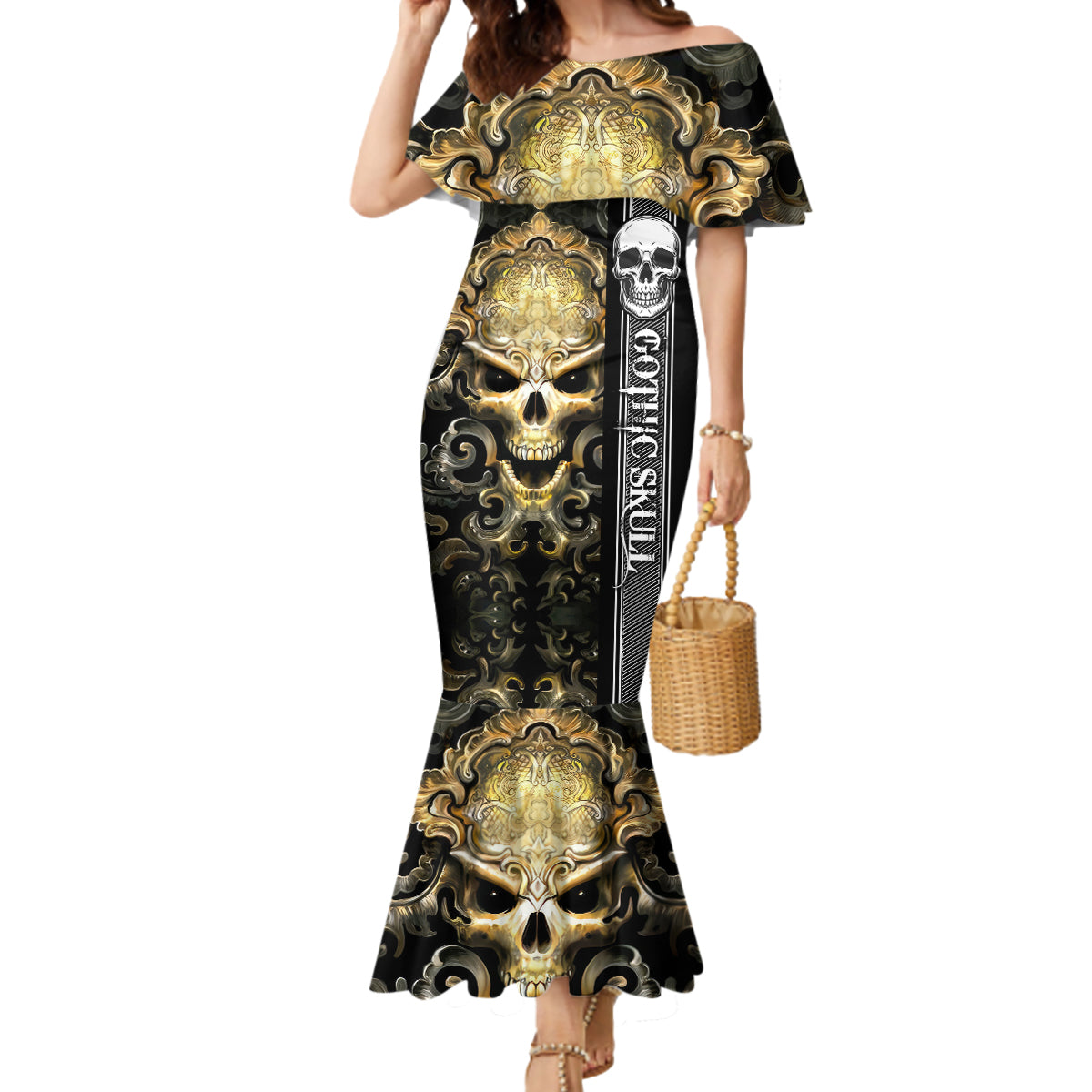 Golden Gothic Skull Mermaid Dress Embracing Ancient Elegance - Wonder Print Shop