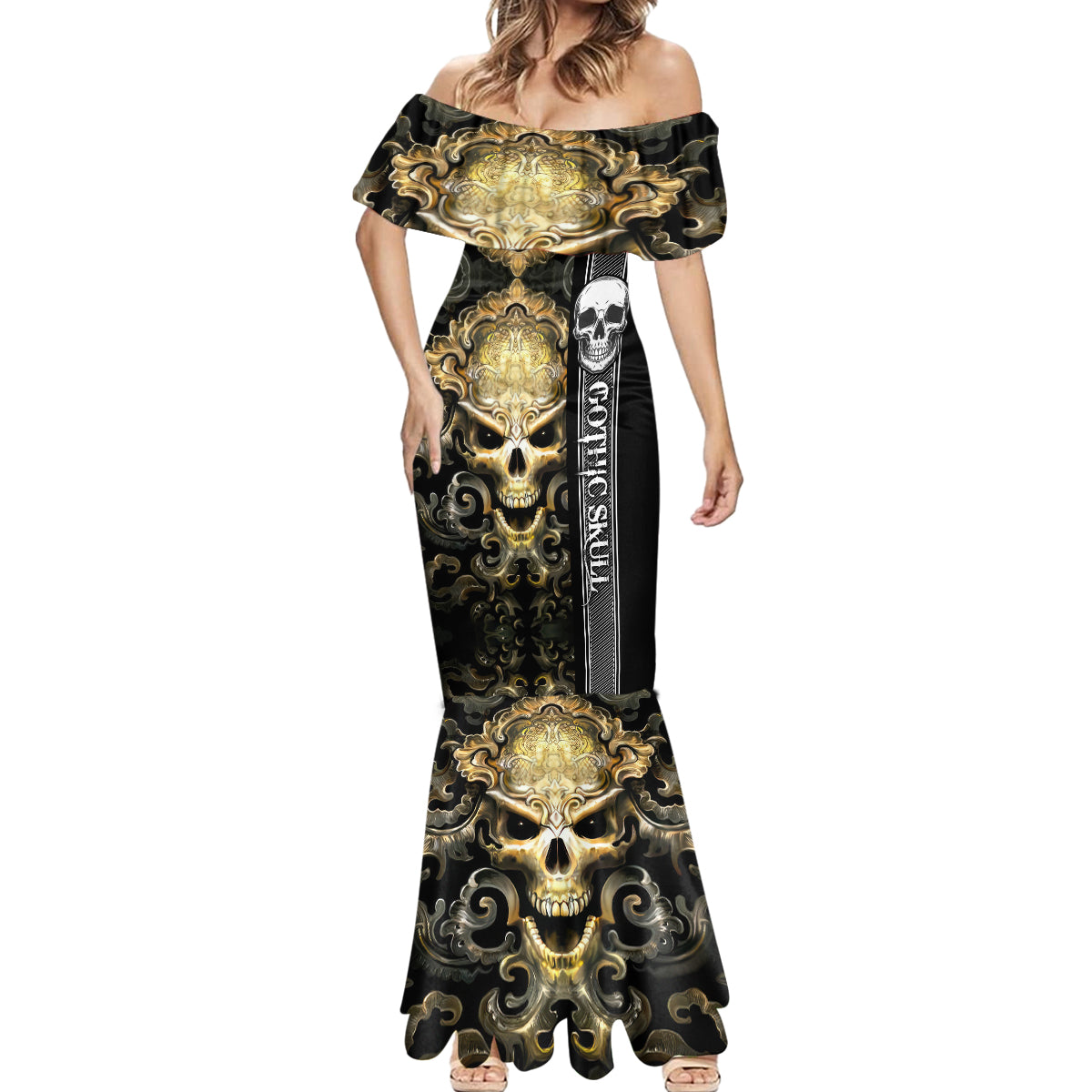 Golden Gothic Skull Mermaid Dress Embracing Ancient Elegance - Wonder Print Shop